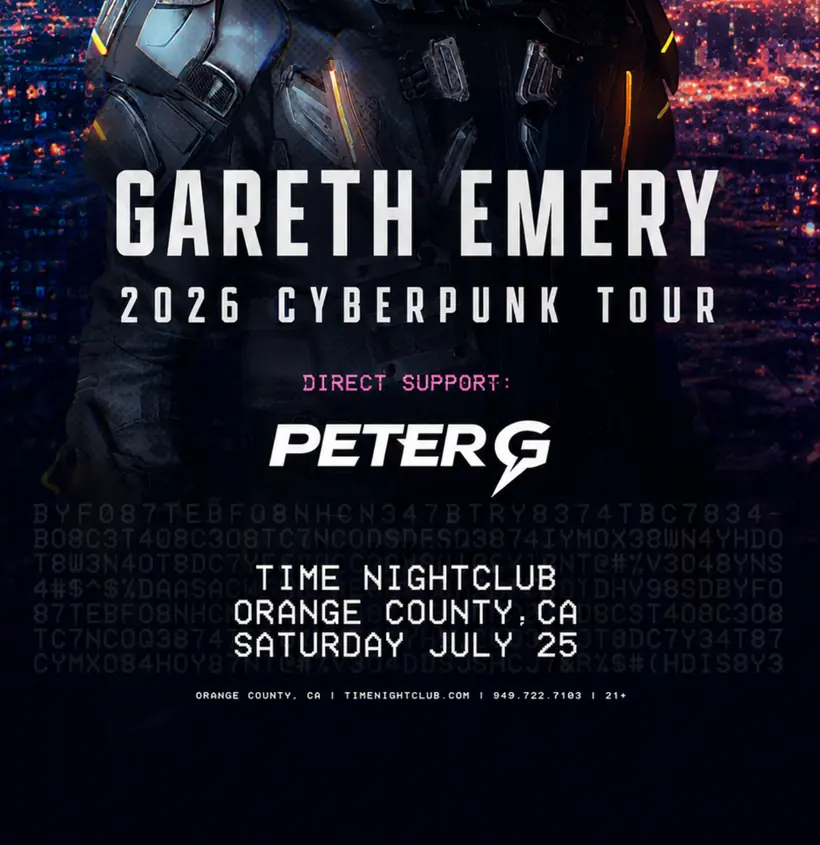 Gareth Emery 2026 Cyberpunk Tour flyer naming Peter G as direct support at Time Nightclub