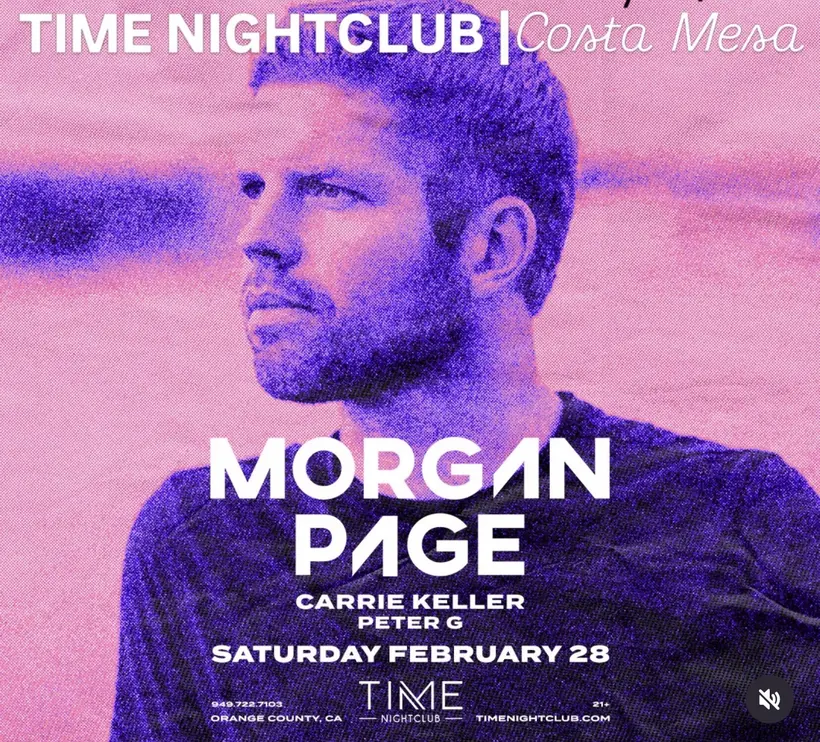 Morgan Page flyer at Time Nightclub Costa Mesa listing Peter G
