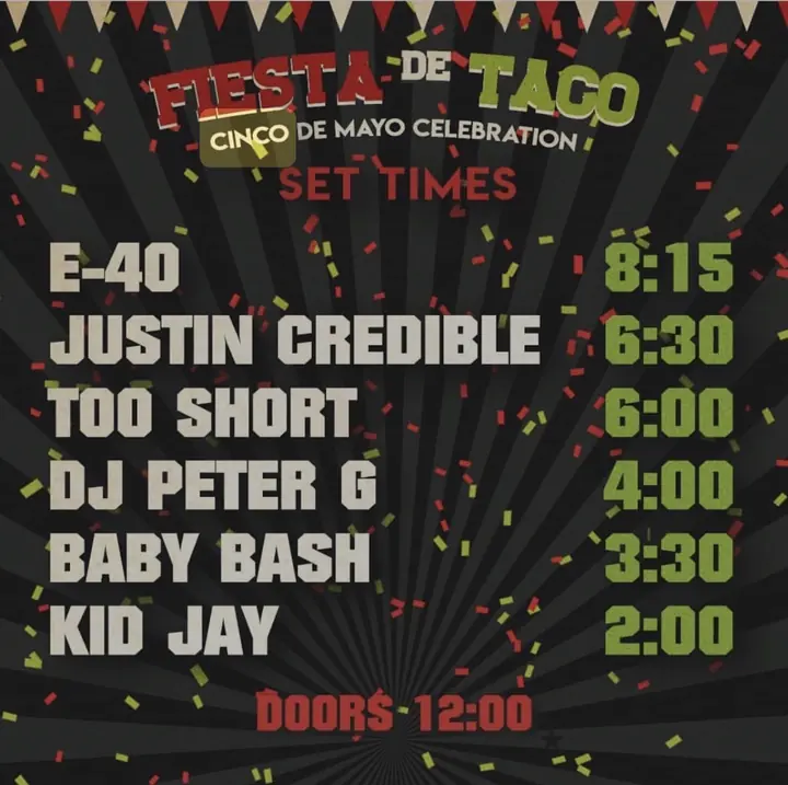 Fiesta De Taco set times listing DJ Peter G at 4:00 alongside E-40, Too Short and Baby Bash